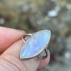 Vintage Sterling Silver Rainbow Flash Moonstone Marquise Statement Ring Size 4.5